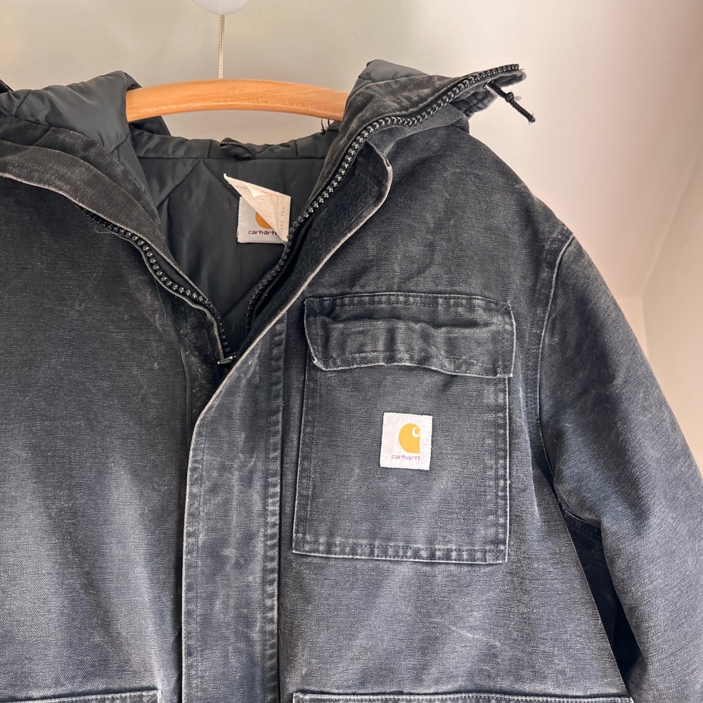 Vintage Carhartt Jacket USA Made Black CQ385 L 90s Hooded Chore Detroit Siberian - Picture 4 of 11